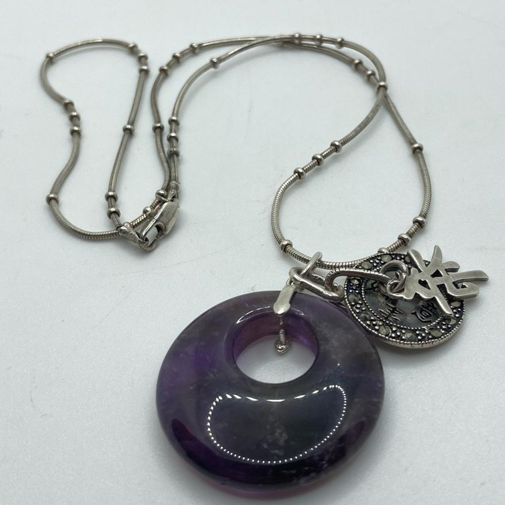 Vtg Sterling Amethyst Marcasite Chinese Luck Fortune Pendant & Chain 15” & 1.1”